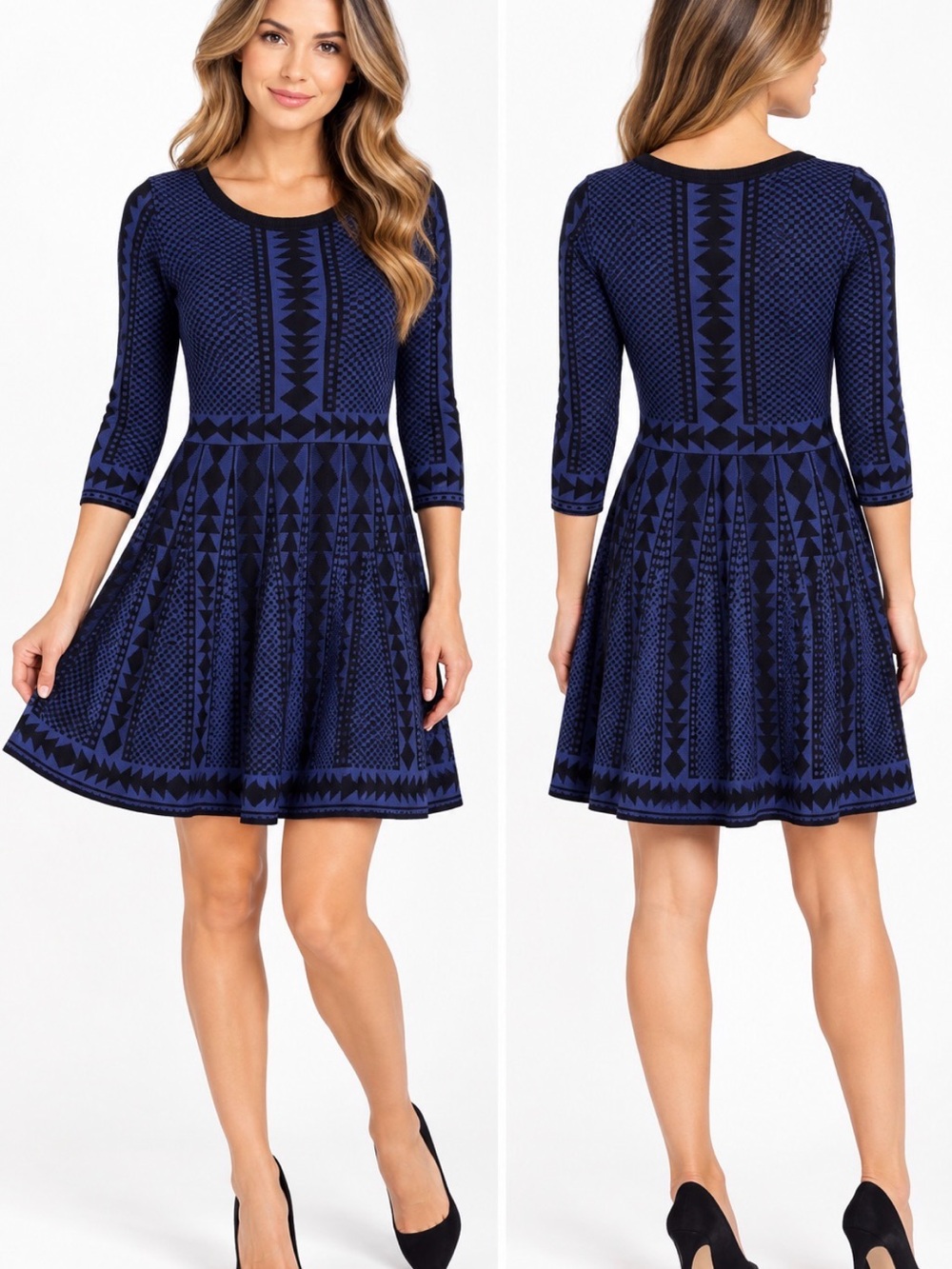 Nina Leonard Blue Black Geometric Knit Fit & Flare Dress M
